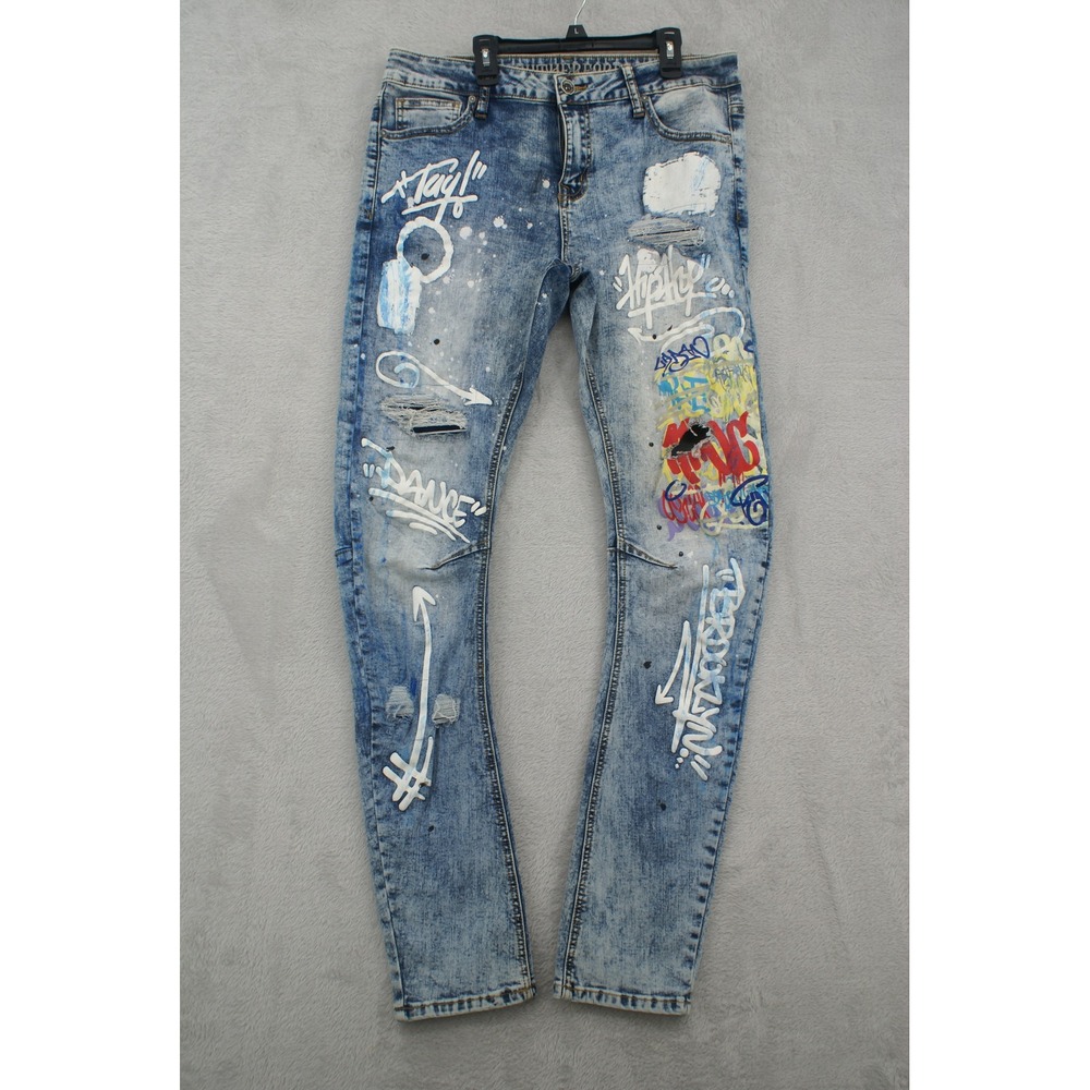 Rutherford 3D Technology Arc Graffiti Acid Wash Slim Jeans Mens 32x32 Distressed
